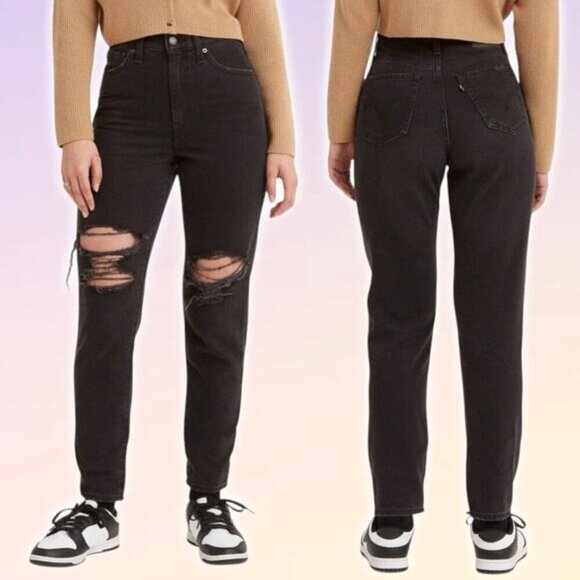 NWT LEVI'S High Waisted Mom Black Destructed Jeans Size 25 - Picture 1 of 10